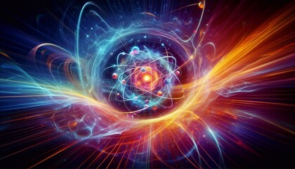 Wide-angle glowing depiction of an atom with swirling energy and particles, symbolizing atomic and quantum science