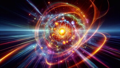 Obraz premium Wide-angle glowing depiction of an atom with swirling energy and particles, symbolizing atomic and quantum science