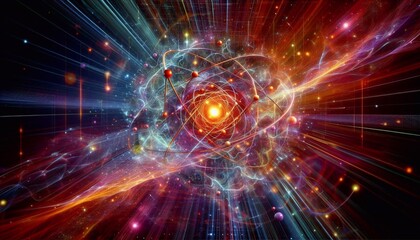 Obraz premium Wide-angle glowing depiction of an atom with swirling energy and particles, symbolizing atomic and quantum science