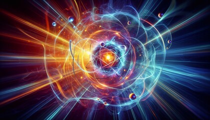 Obraz premium Wide-angle glowing depiction of an atom with swirling energy and particles, symbolizing atomic and quantum science