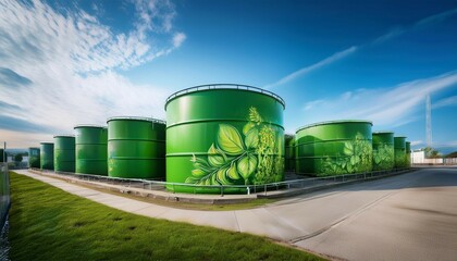sustainable industrial design featuring oil storage tanks with vibrant green murals this concept promotes eco friendly practices in commercial advertising