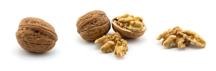 Collection of Walnuts isolated on white background, Walnuts kernels on White Background With clipping path.