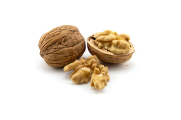 Collection of Walnuts isolated on white background, Walnuts kernels on White Background With clipping path.
