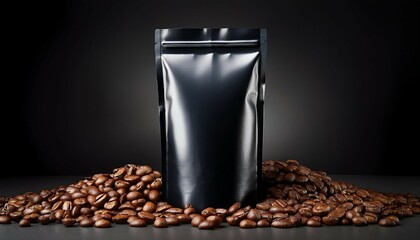 tall black pouch packaging surrounded by coffee beans showcasing freshness