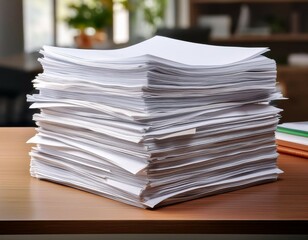high stack of white papers organized on office desk