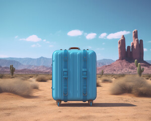 Blue Suitcase Stands Alone in Desert Landscape With Mountains and Cacti Under a Clear Sky