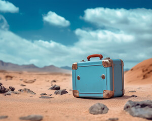 Blue Suitcase Resting on Sandy Terrain With Rocky Elements Under a Bright Sky During Daytime