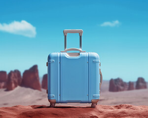 Blue Suitcase Ready for Travel in a Scenic Landscape With Mountains Under a Clear Sky