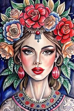 A vibrant artistic portrait of a woman adorned with a colorful floral crown. Her bold red lips, piercing blue eyes, and intricate striped attire reflect elegance and creativity. Ideal for fashion, bea