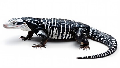 Obraz premium Argentine Black and White Tegu with Patterned Scales, Presented on a White Background