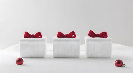 Three White Gifts With Red Bows On Snowy Surface