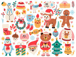 Cute Christmas cartoon simple set kids for new year. Cartoon kawaii characters, modern. Illustration on white background