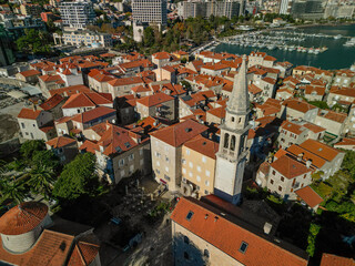 Naklejka premium Ancient architecture of the town of Budva in Montenegro - drone view