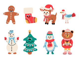 Set with cartoon cute New Year characters on white background. Animals deer, Christmas tree, snowman, penguin and others. Illustration cute children's design