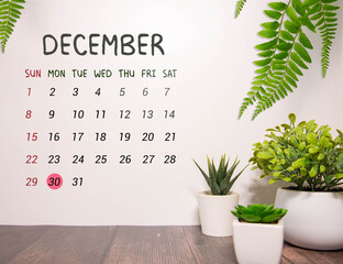 December 30 calendar date text on wooden blocks with copy space for ideas.