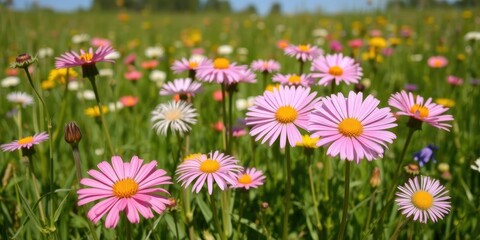 Obraz premium A scenic field filled with fluffy dandelions against a clear blue sky, serene, countryside