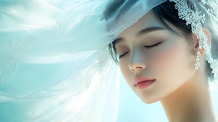 Serene Woman Veiled in Delicate Light Blue Lace