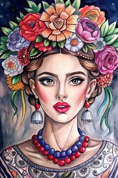 A vibrant artistic portrait of a woman adorned with a colorful floral crown. Her bold red lips, piercing blue eyes, and intricate striped attire reflect elegance and creativity. Ideal for fashion, bea
