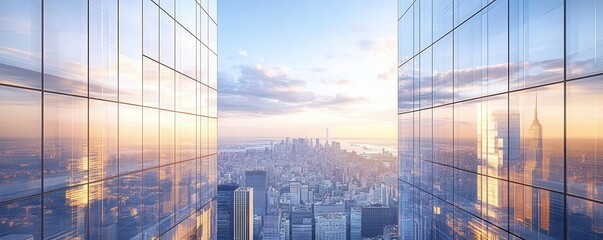 Symmetrical skyscraper facades, minimalistic design with glass and metal textures, reflecting the urban environment, contemporary architecture concept