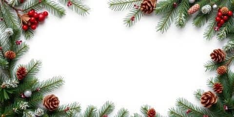 Christmas border featuring lush fir branches and rustic pine cones, festive, winter, fir branches
