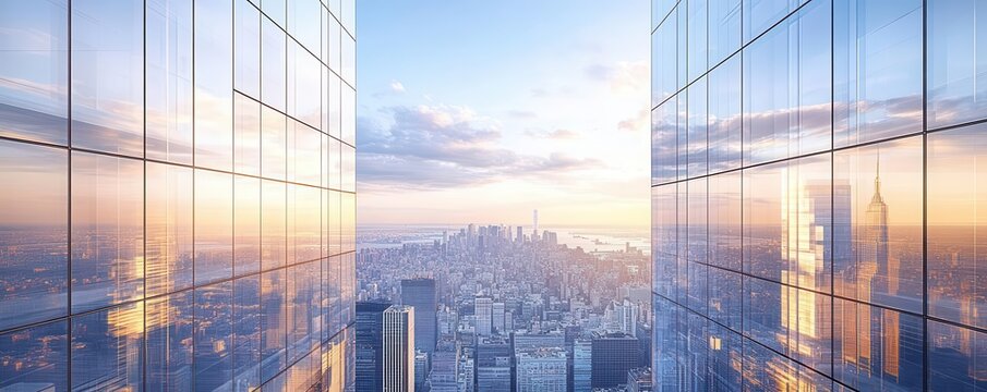 Symmetrical skyscraper facades, minimalistic design with glass and metal textures, reflecting the urban environment, contemporary architecture concept