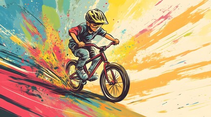 Fototapeta premium Young Boy Riding Bicycle Through Colorful Abstract Background