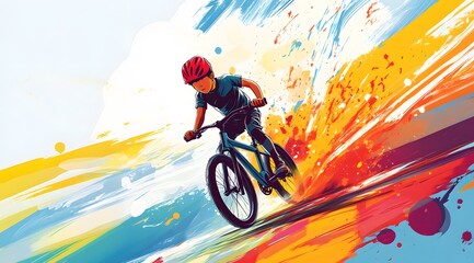 Young Boy Riding Bicycle Energetic Colorful Motion