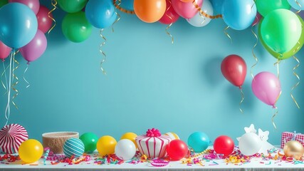 Colorful party decorations including balloons, streamers, and a festive table spread for a birthday celebration or holiday gathering, decorations, balloons, birthday