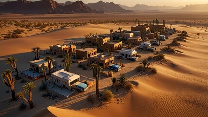 Desert village homes and RVs at sunset.