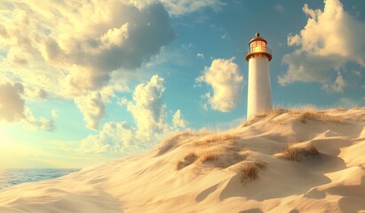 Luminous Lighthouse on Sandy Coastal Dunes at Sunset