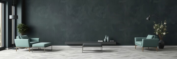 Minimal living room with a dark green concrete texture wall background, sleek furniture, spacious layout, modern decor, modern decor, minimal, sleek