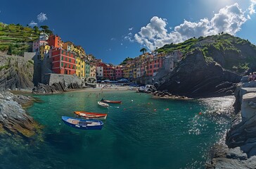 Colorful Italian Village Nestled Between Rocky Cliffs And Sea