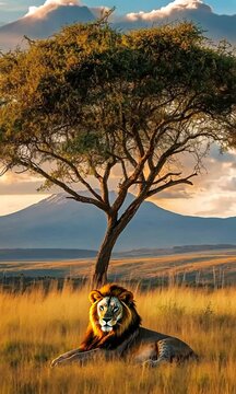 Majestic Lion Under Tree Against Scenic Landscape Background