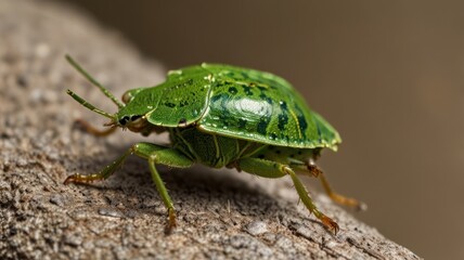 Close-up of a vibrant green insect on wood.