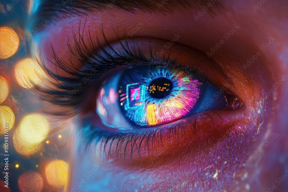 Poster hyperrealistic close up of human eye reflecting futuristic data stream