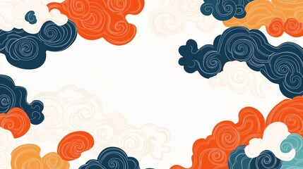 Fototapeta premium Traditional Chinese cloud patterns with swirling designs in vibrant orange, navy, and cream tones creating an elegant and artistic composition on a light background