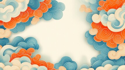 Traditional Chinese auspicious cloud patterns in vibrant orange, blue, and cream tones forming an elegant swirling border with a blank center on a soft textured background
