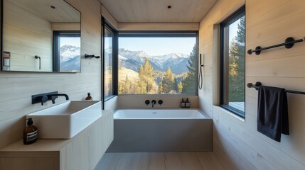 Modern bathroom in a gabled cabin featuring clean lines, natural wood walls, large windows with mountain views, a minimalist bathtub, and a sleek sink with black fixtures