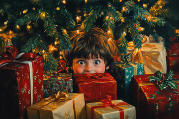 A child excitedly peeks through a pile of colorful, festively wrapped presents under a glowing Christmas tree, embodying the joy and magic of the holiday season.