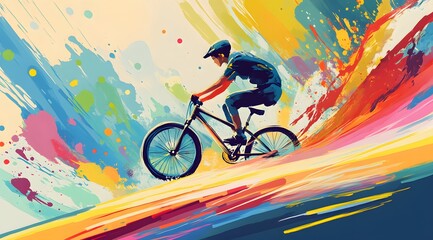 Fototapeta premium Cyclist Riding Mountain Bike Through Colorful Abstract Landscape