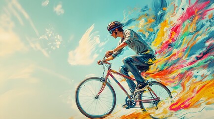 Fototapeta premium Cyclist Riding Bicycle Through Colorful Abstract Trails