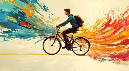Young Man Rides Bicycle Through Colorful Abstract Landscape