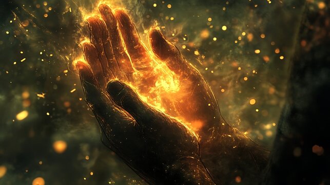 Fiery hands cupped together, emitting sparks and flames against a dark background.