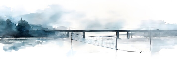Watercolor Landscape Featuring Bridge and Volleyball Net