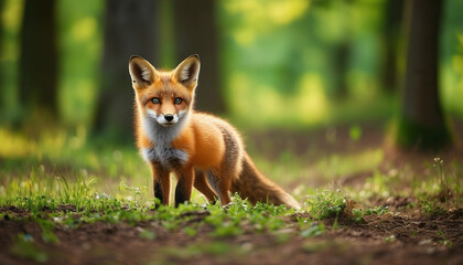 Fototapeta premium A close-up photo of a fox cub standing on a patch of grass in a forest clearing. The fox has a reddi