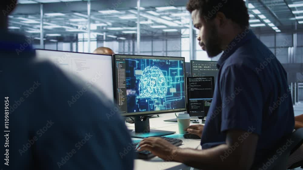 Aufkleber african american worker in data center implements advanced ai driven predictive maintenance systems.