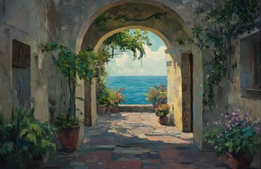 Fototapeta premium Mediterranean Archway View Seascape Coastal Scene
