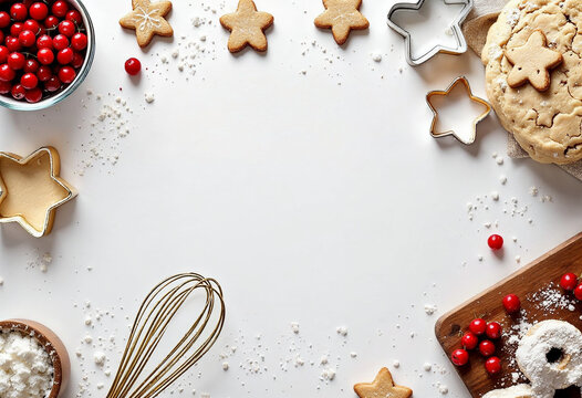 Top down view of Christmas kitchen counter top baking cookies with cookie cutters and flour and utensils and decorations