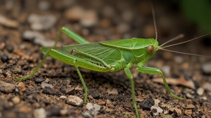 Close-up of a vibrant green katydid on soil.