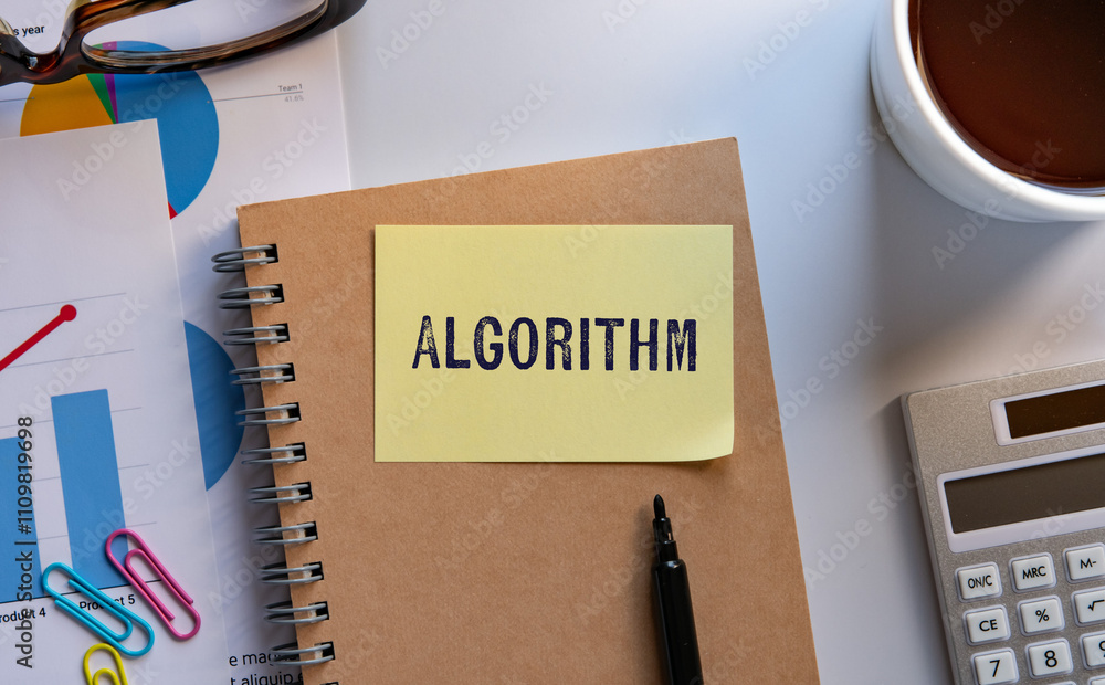 Poster there is sticky note with the word algorithm. it is as an eye-catching image.